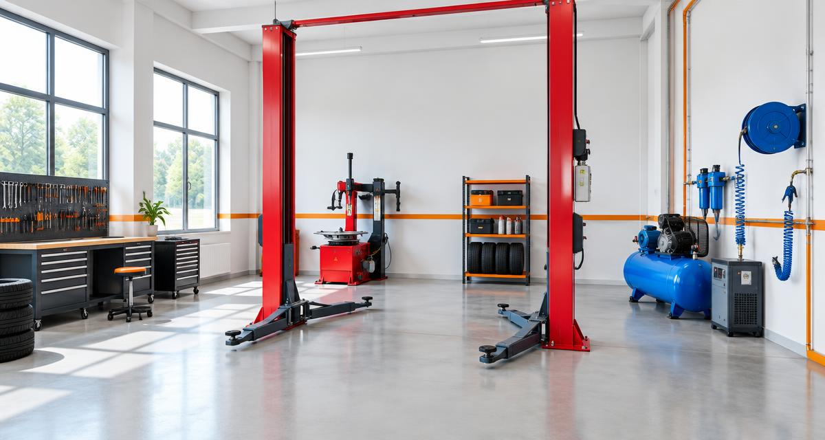 Werkstatt mit Hebebühne, Reifenmontiermaschine und Kompressor